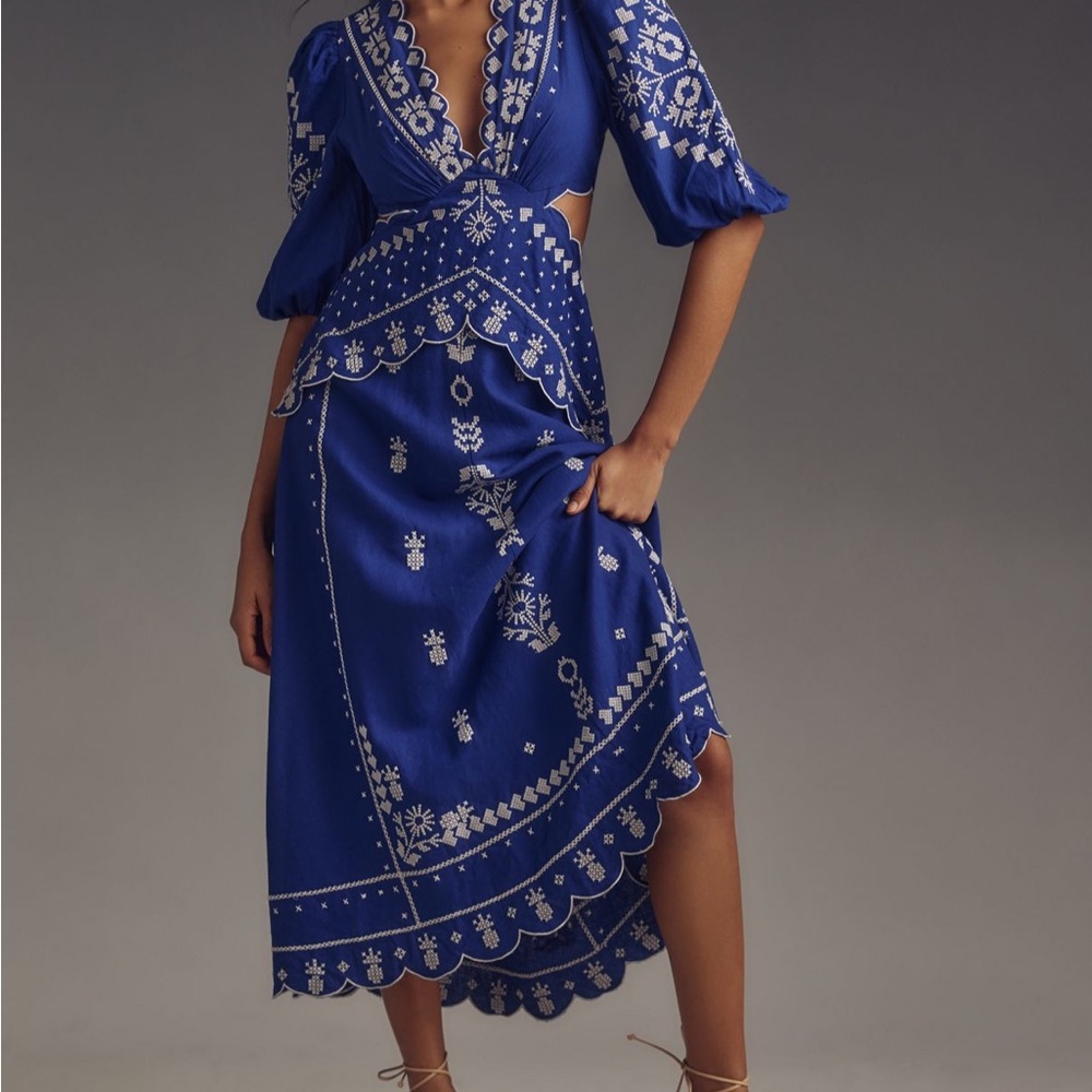 Farm Rio Embroidered Puff Sleeve Midi Dress
